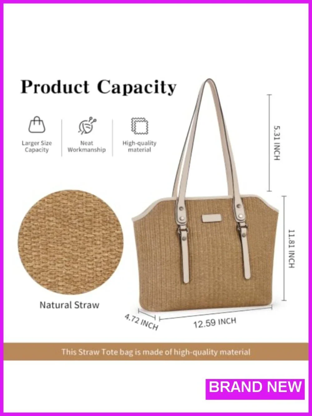 Straw Woven Vegan Leather Tote Bag with Zipper Closure, Large Capacity for